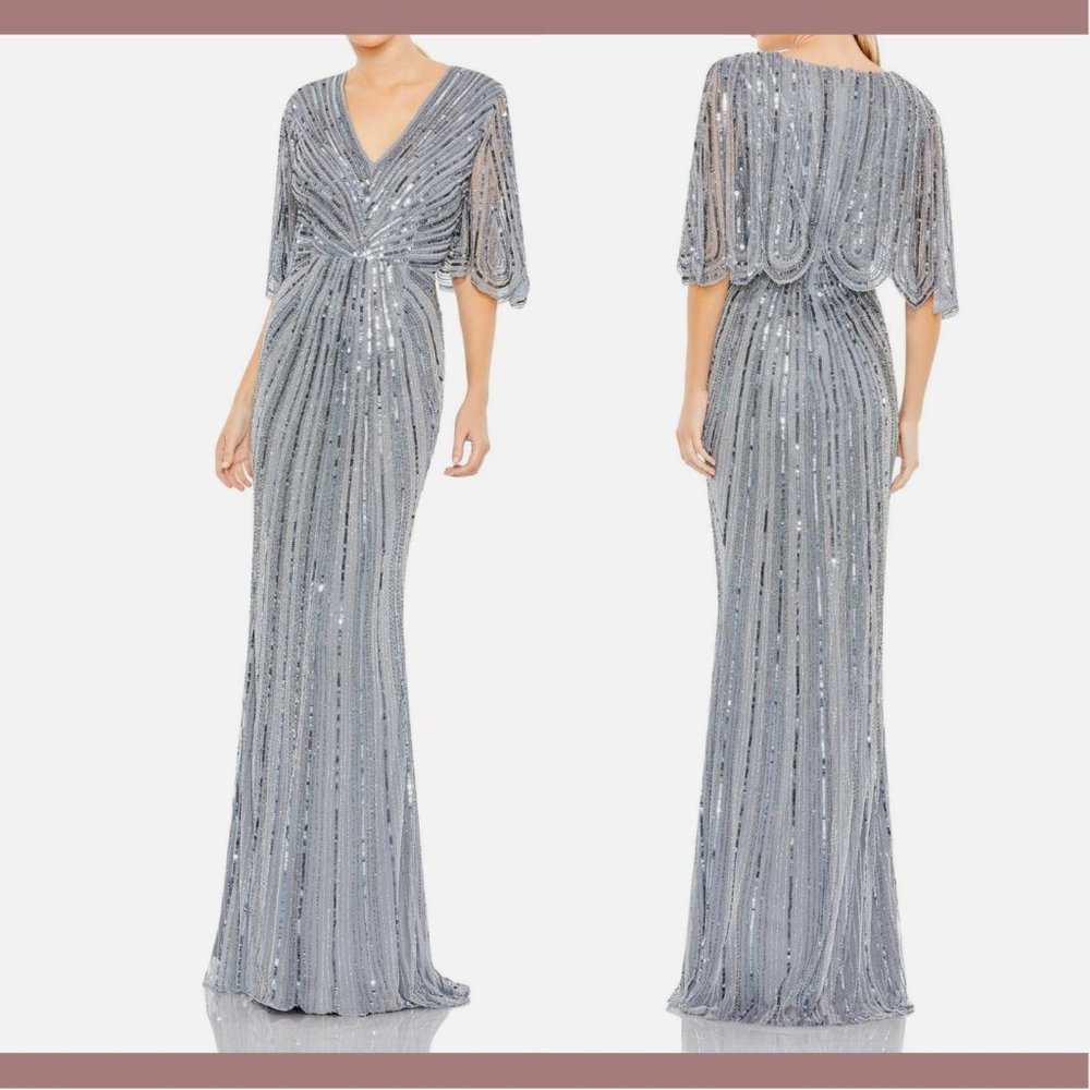 NWT $698 Mac Duggal‎ [ 20 ] Sequined V-Neck Cape Sleeve Column Gown Slate Blue